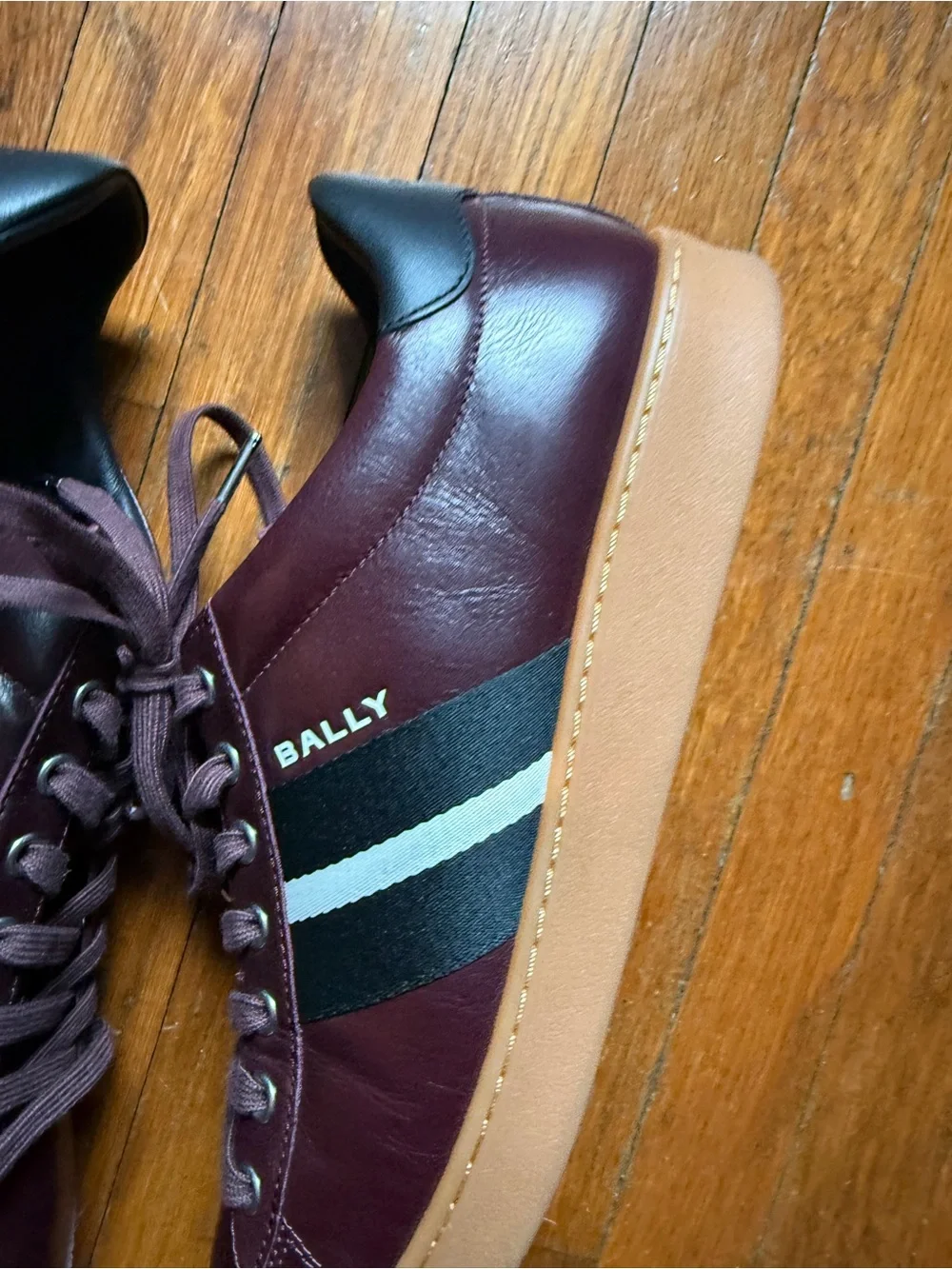 Bally Men's Burgundy and Black Leather Sneakers with Cream Stripe